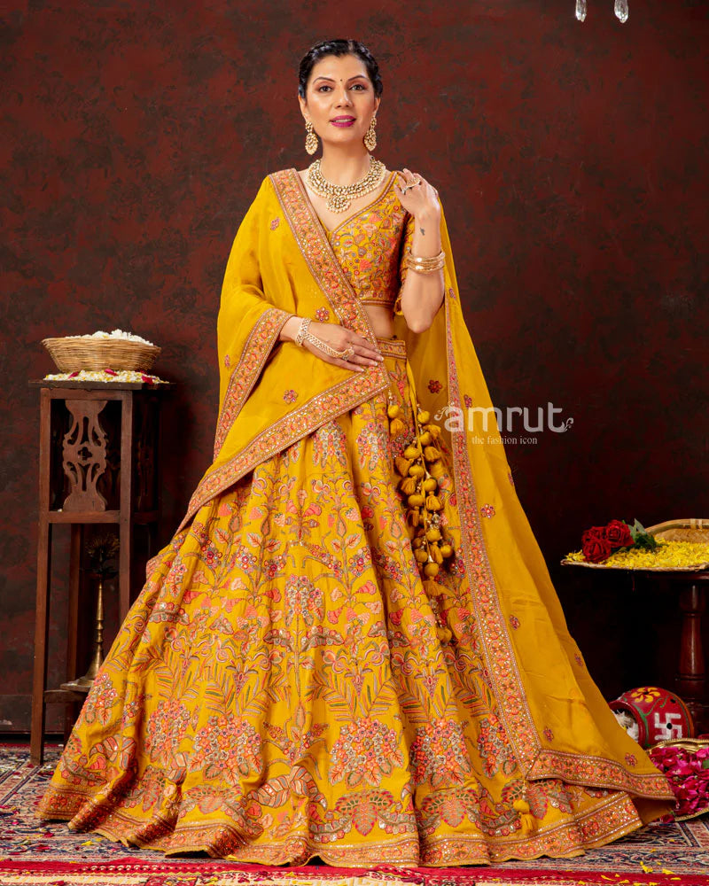 Radiant Marigold Yellow Embroidered Ghagra Choli for Girls