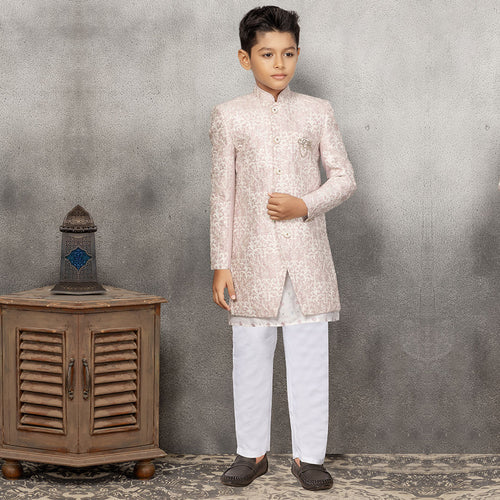 Classic Maroon Kurta Set For Boys With Sequinned Jacket